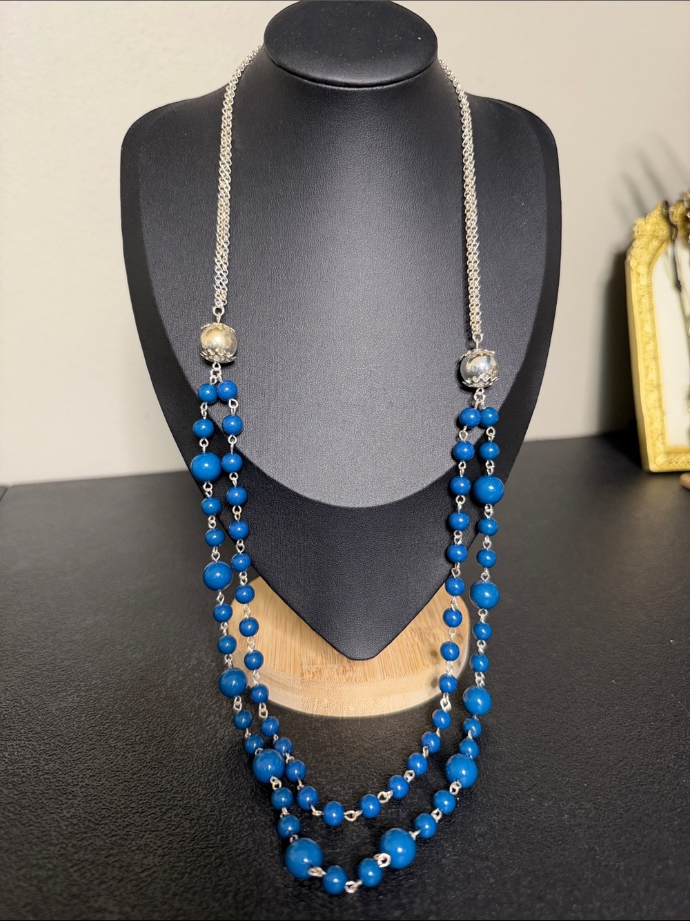RMN Elegant Triple-Strand Acrylic Blue Beaded Necklace - Silver Accents